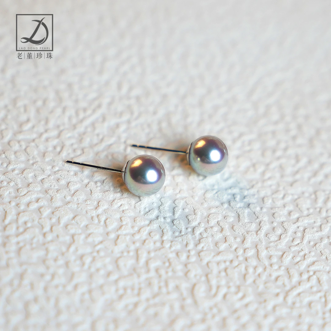 18k金 7.5-8mm 天然银灰蓝色akoya海水珍珠耳钉正圆微瑕
