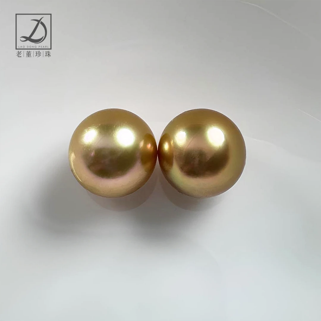 10-11mm 南洋金珠浓金色海水珍珠 正圆极光 配对裸珠