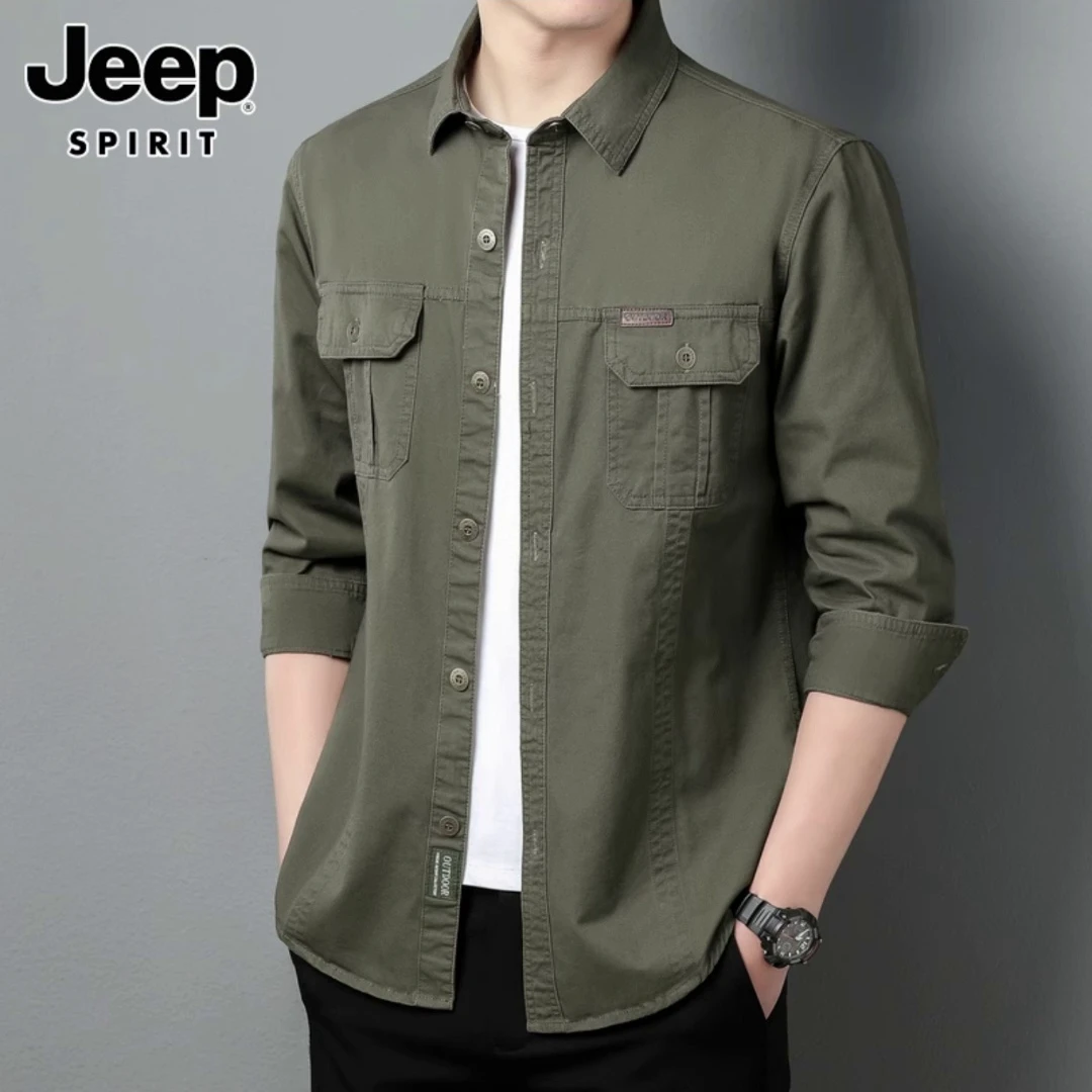 JEEPSPIRIT吉普长袖衬衫男春秋工装翻领宽松寸衫大码运动休闲外套
