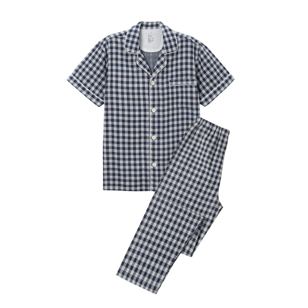 【短袖长裤】双层纱格子纯色睡衣女套装大码WU印风时尚休闲简约宽松