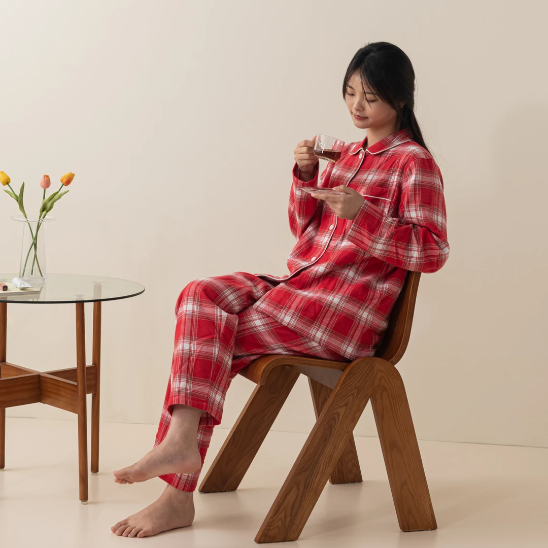 古朴【法兰绒睡衣】秋冬季全棉双股线睡衣休闲长袖套装格子宽松居家