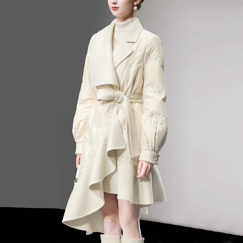 DF-冬翻领双面羊毛呢拼接绣花直充荷叶边白鸭绒羽绒服HC10134869