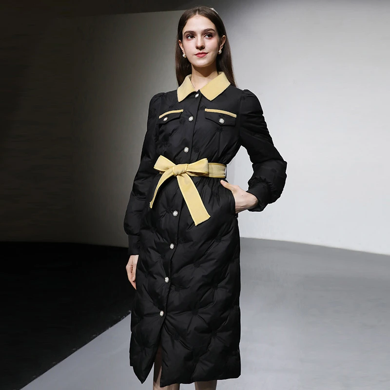 达菲时尚拼色设计腰带收腰灯笼袖绣花直充羽绒服Q32420