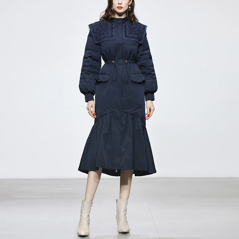 达菲时尚2024冬派克风直筒型抽褶荷叶边加厚白鸭绒羽绒服HC28931