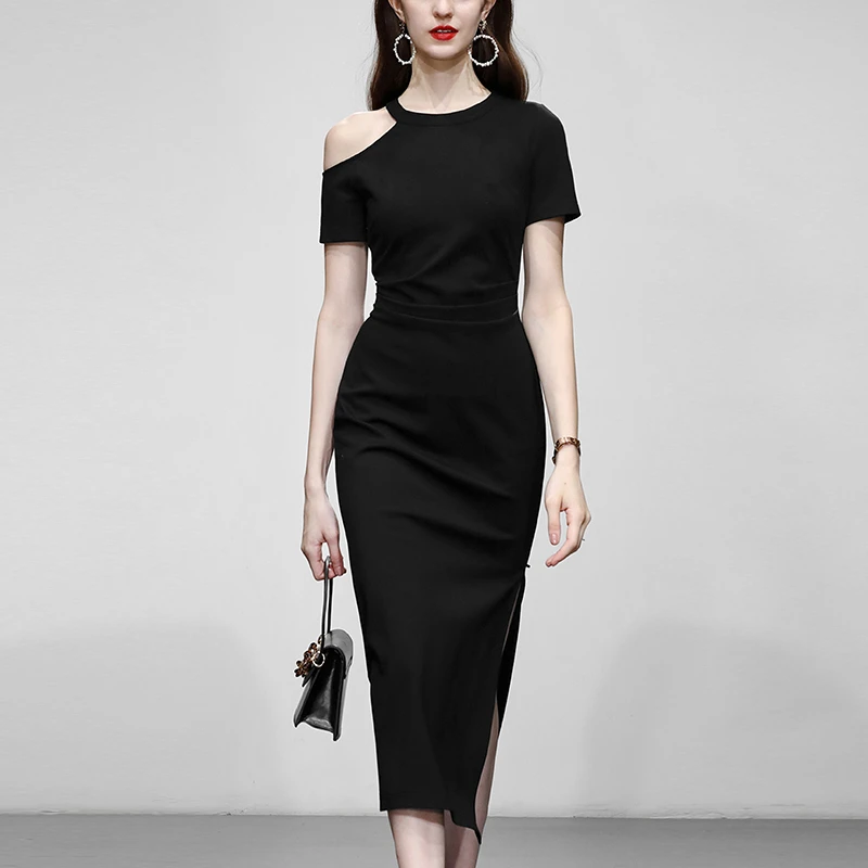 2025夏达菲时尚露肩针织开衩中长百搭短袖连衣裙DC30975