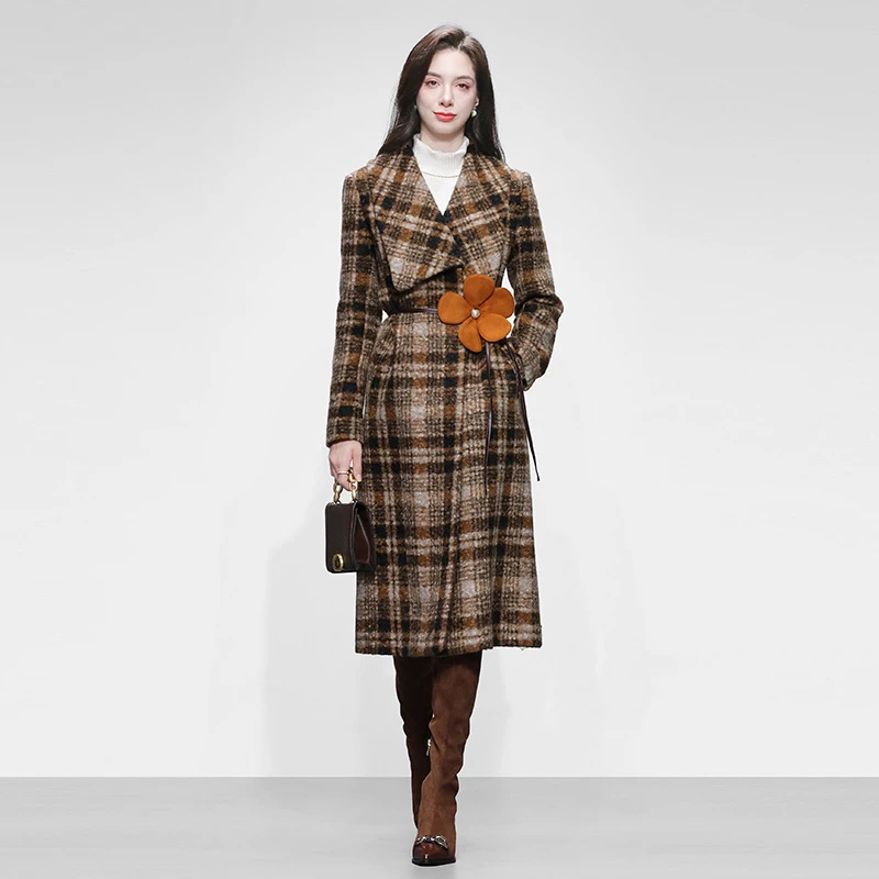 DF-秋冬新款翻领格纹毛呢圈圈毛呢大衣外套保暖气质百搭GC34339
