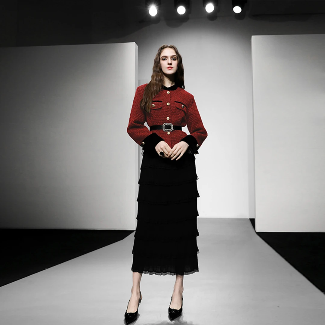 达菲时尚2023时髦精致立领拼接花呢外套优雅百褶蛋糕裙套QS1827F