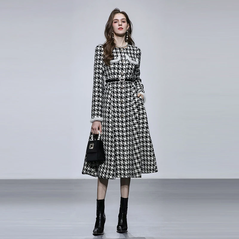 达菲时尚秋冬拼接复古千鸟格毛呢收腰花呢大衣HC10132186