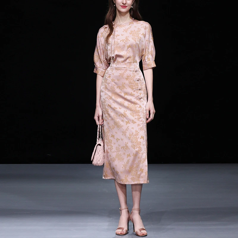 达菲时尚气质杏粉色上衣T恤高腰包臀长裙套装DS1444