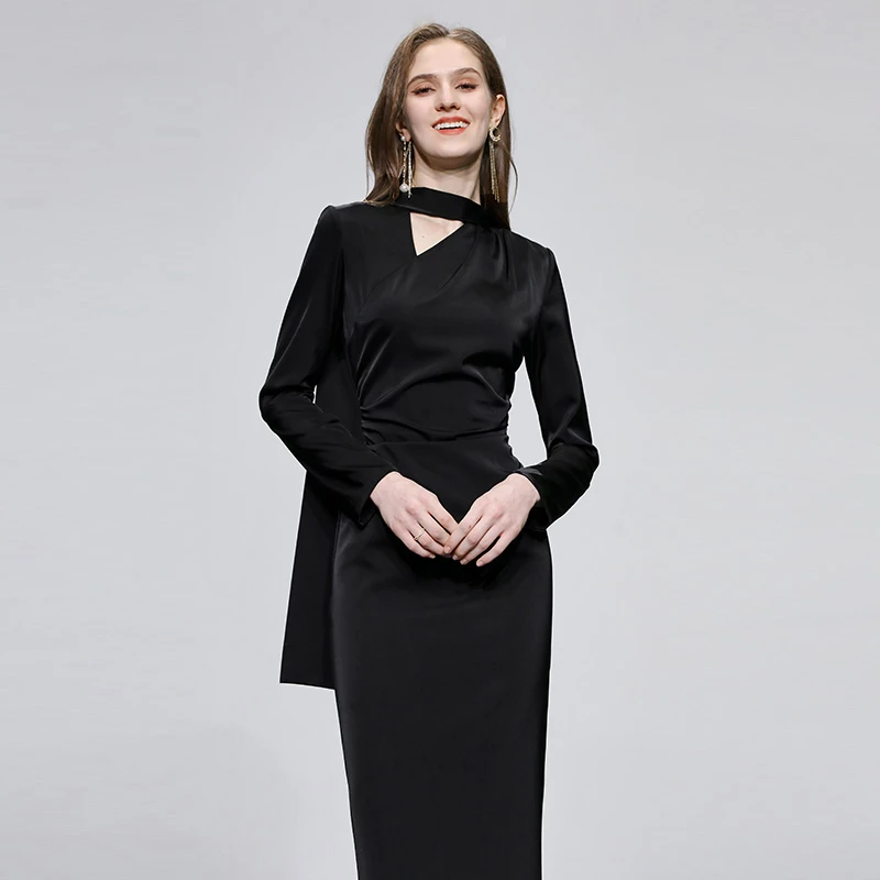 达菲时尚春气质V领不对称丝巾设计多穿黑色裙子修身连衣裙H33072