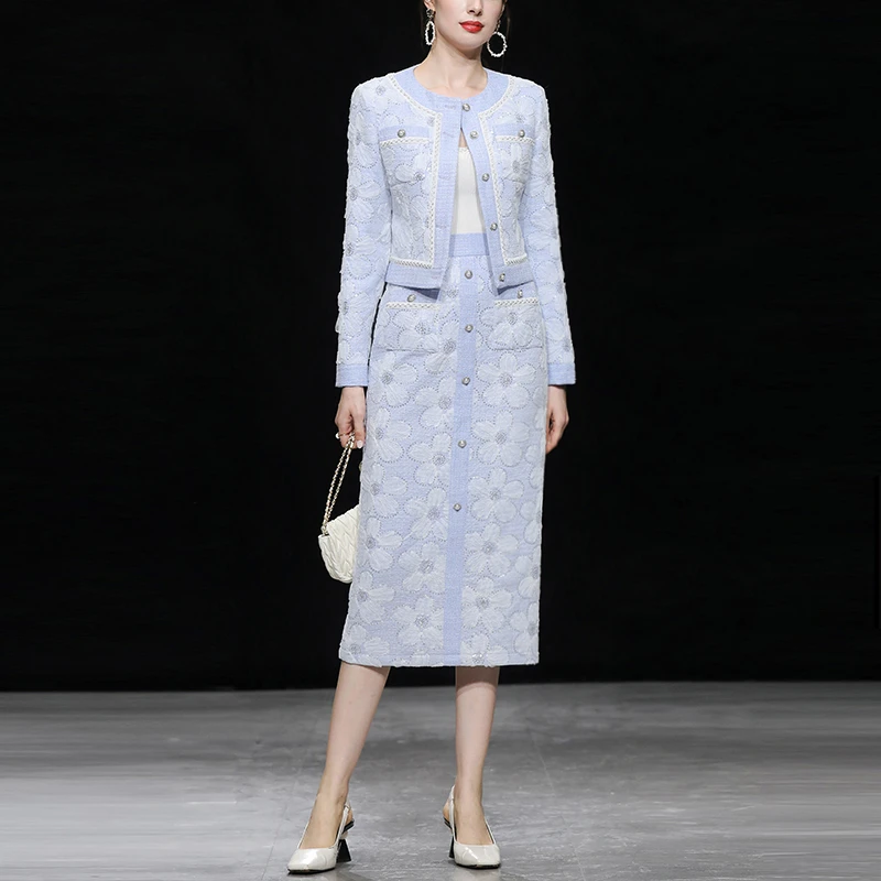 DF-秋季女装2025新款淡紫色粗花呢外套长裙套装M28582