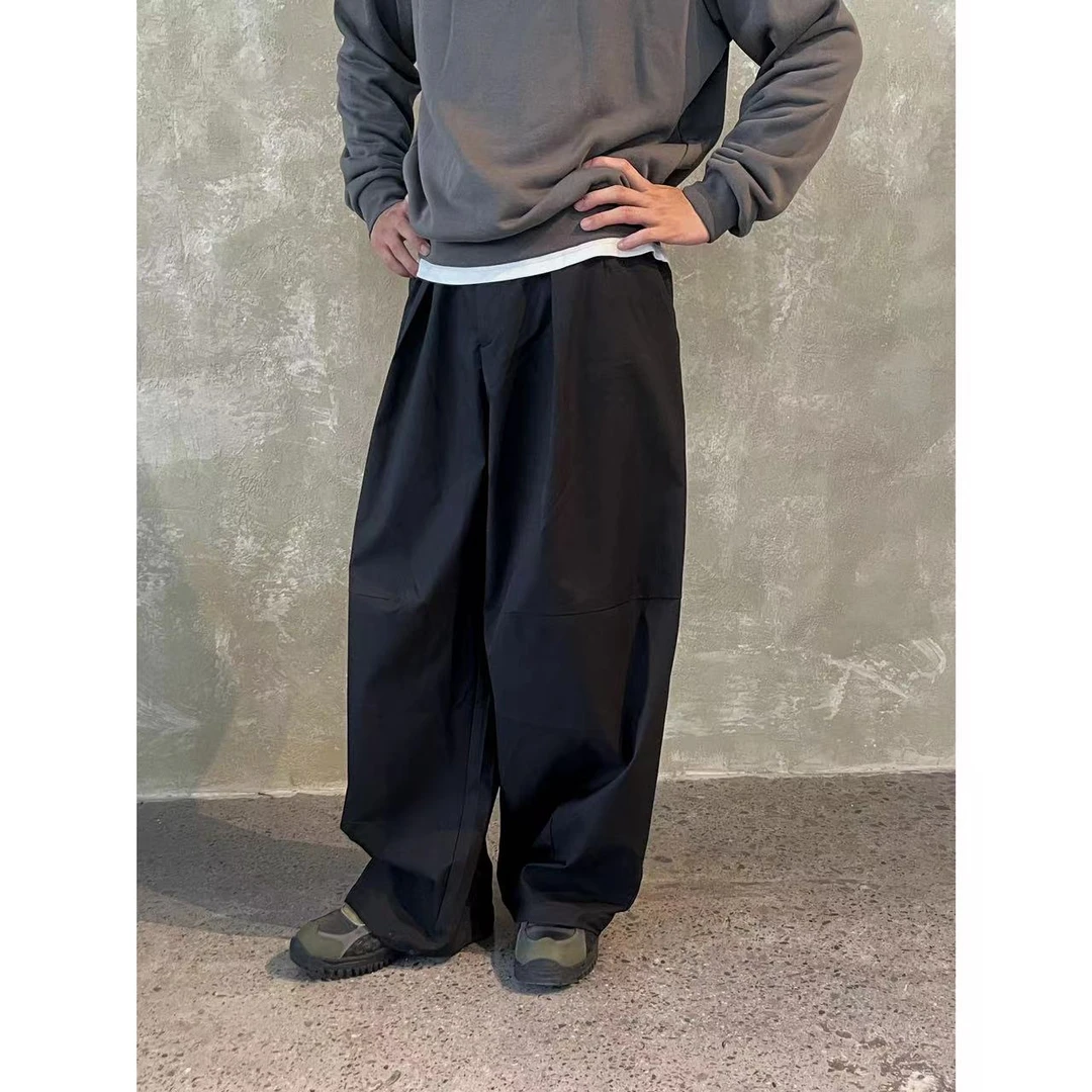 梭织轻薄压褶宽松垂感阔腿拖地休闲西裤松紧百搭长裤