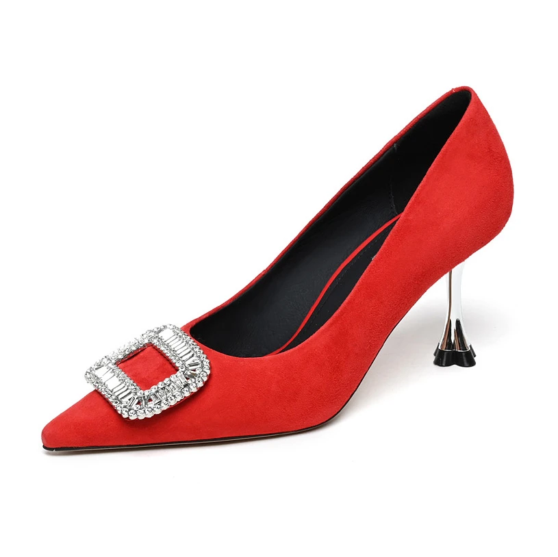 【跟高7.5CM】红色水钻浅口高跟鞋女2025爆款性感气质细跟女士单鞋