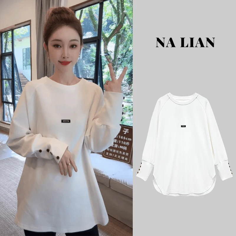 豆子优选-春季新款袖口纽扣极简风时尚休闲圆领ins长袖T恤DZ95726