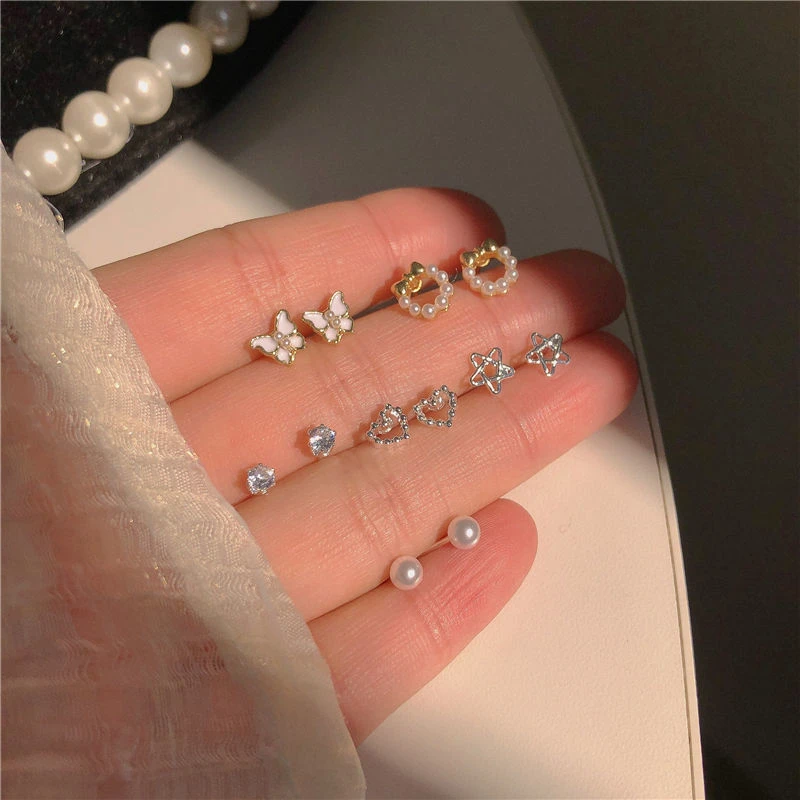 精致小巧白色耳钉套装耳环女~ 蝴蝶结2023年初春新款星星气质耳饰