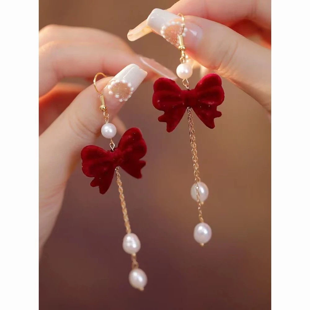 长款酒红色蝴蝶结流苏耳环毛球植绒秋冬耳饰过年喜庆红色新娘耳坠