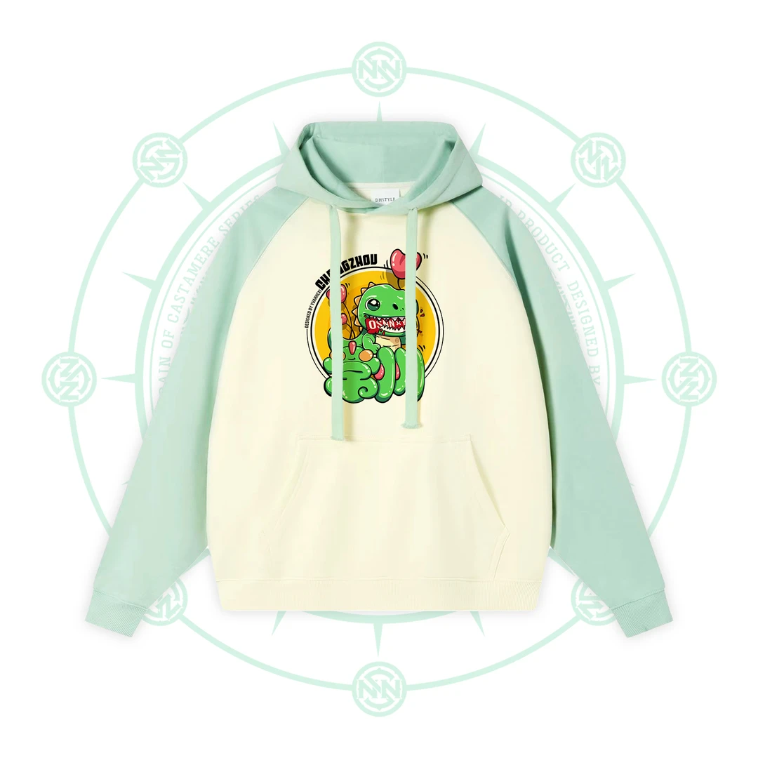 青春龙城成人款·插肩袖套头连帽宽松长袖卫衣·米杏/清风绿·春秋