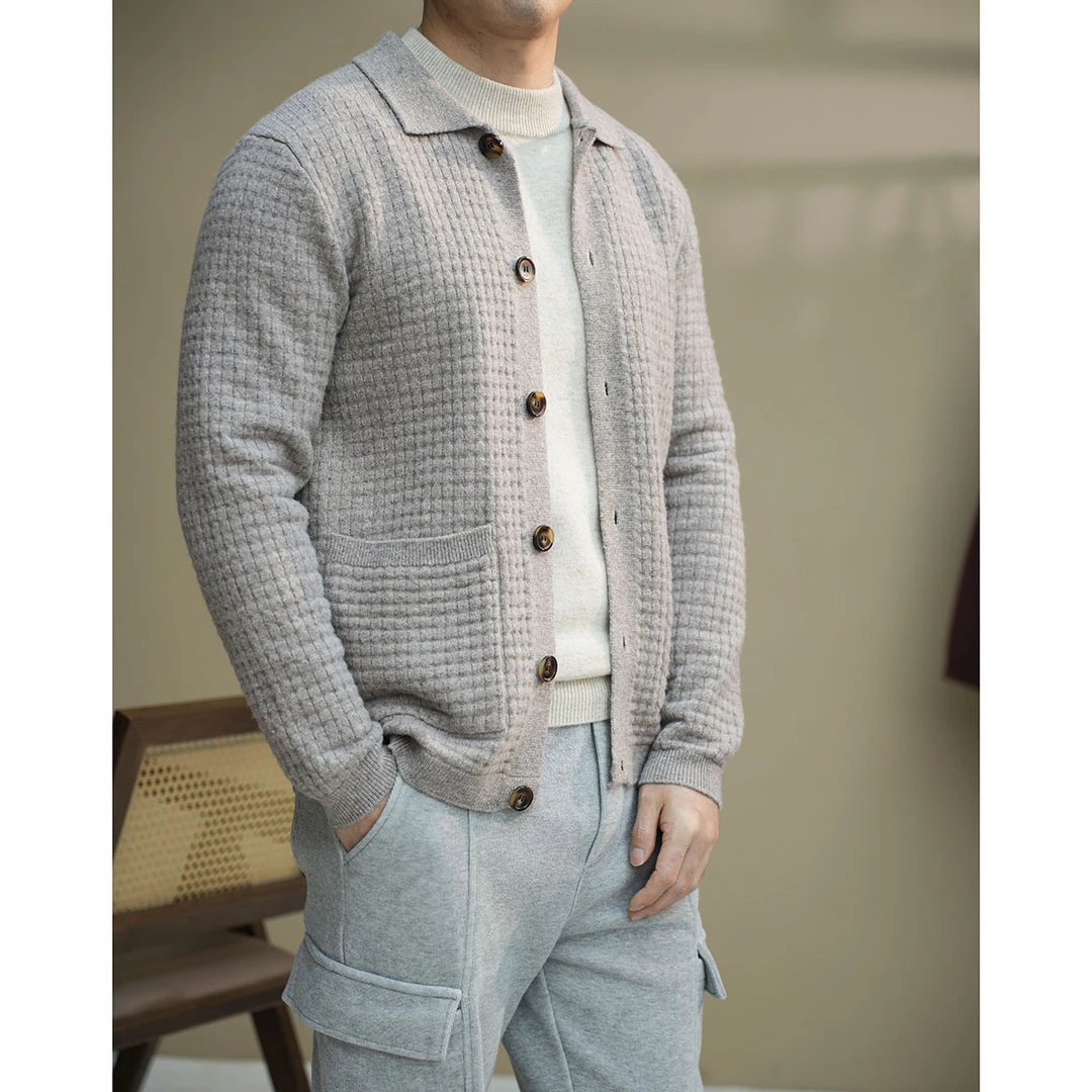 秋冬100%纯羊毛新款高品质翻领开衫男系扣羊毛衫正品100%纯羊毛男