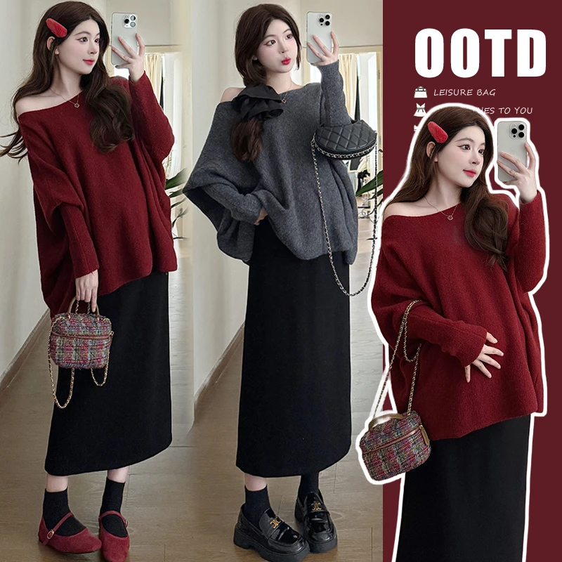 孕妇装秋冬新款慵懒风韩版针织毛衣+时尚孕妇洋气半身裙孕妇套装