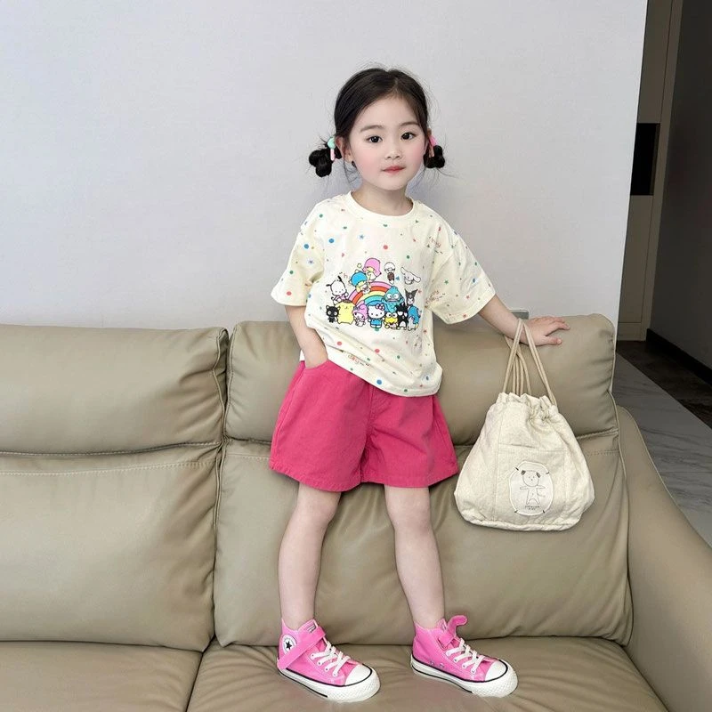 夏季女童韩版024薄款休闲印花卡通套装宽松彩色波点T恤短裤两件套