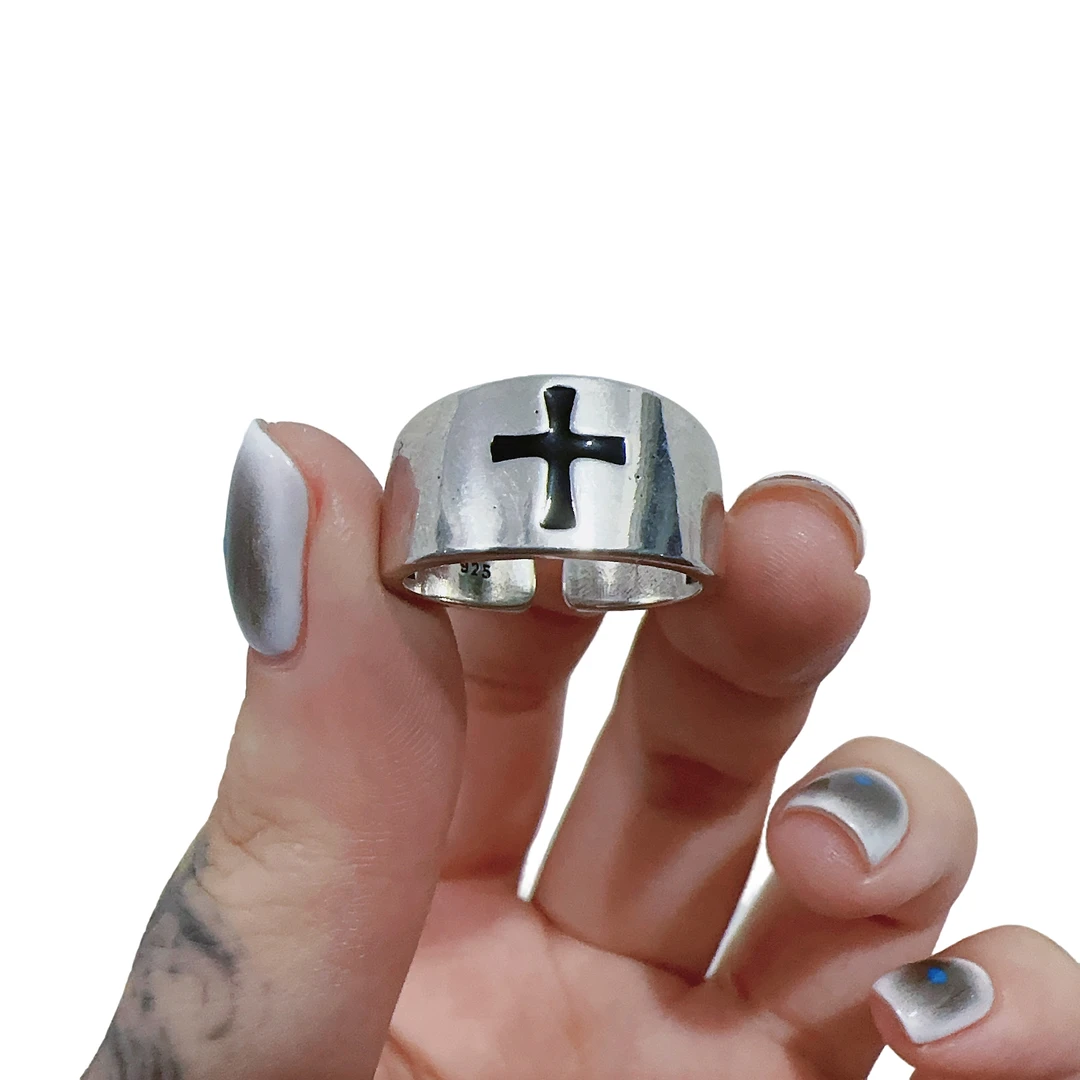 925银戒指 纯银包铜黑色十字架工时尚复古小众光面可调节素款