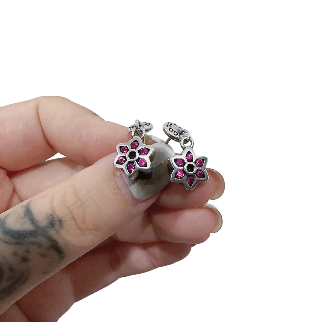 925银耳饰 甜酷风粉色锆石樱花耳钉女气质紫色精美复古素款精致