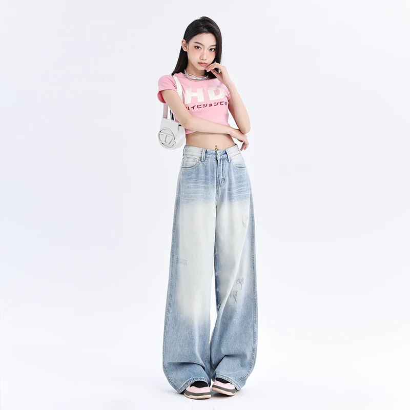 美式街头做旧浅色水洗牛仔裤女抓痕复古磨白显瘦直筒阔腿长裤