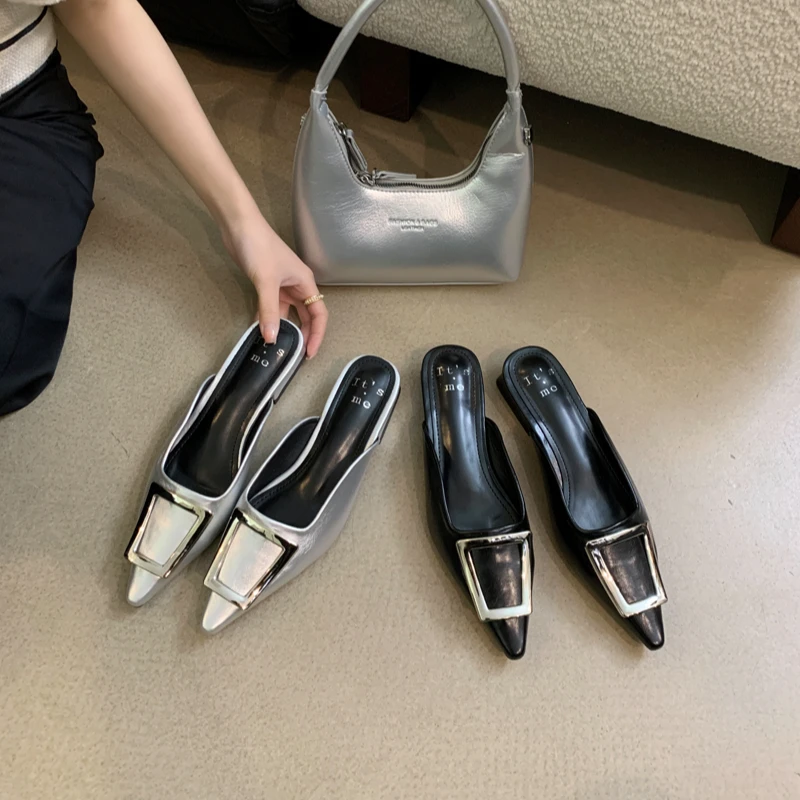 2025新款女拖鞋金属方扣低跟法式气质包头拖鞋软底夏季外穿凉拖鞋