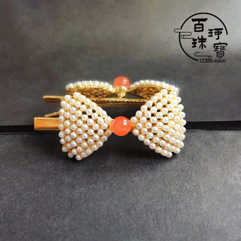 【百珂】正品保真南红圆珠蝴蝶结时尚发夹精美饰品百搭精致简约复古
