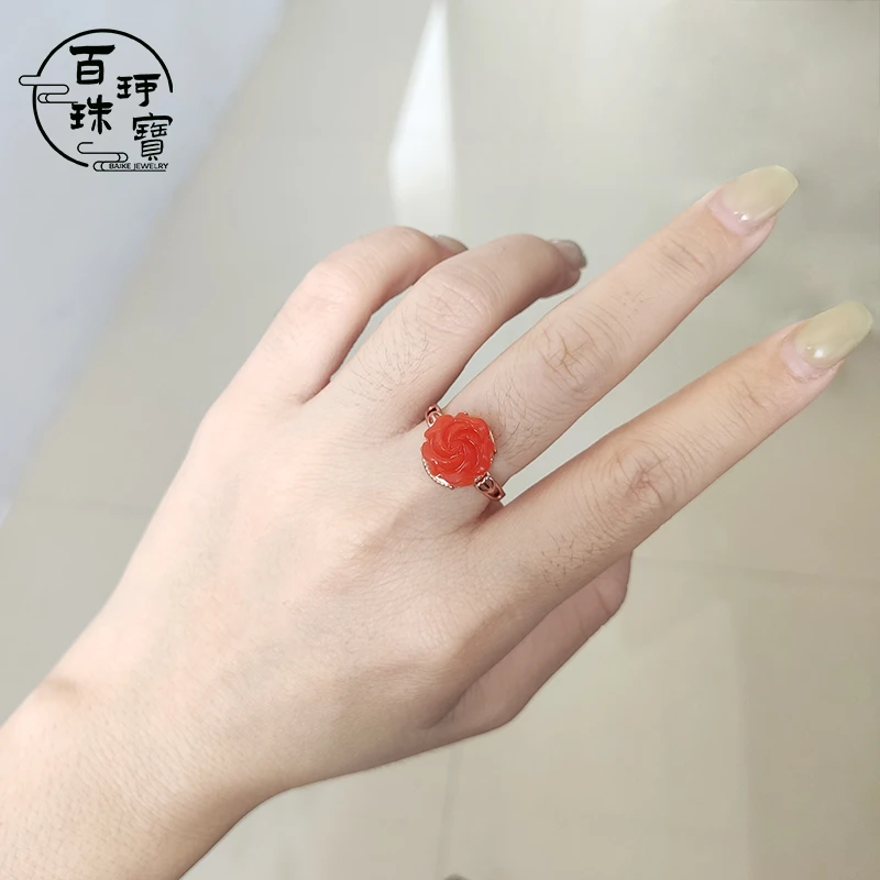 【百珂】正品保真南红保山玫瑰花戒指苏工精雕百搭优雅戒圈 12*12mm