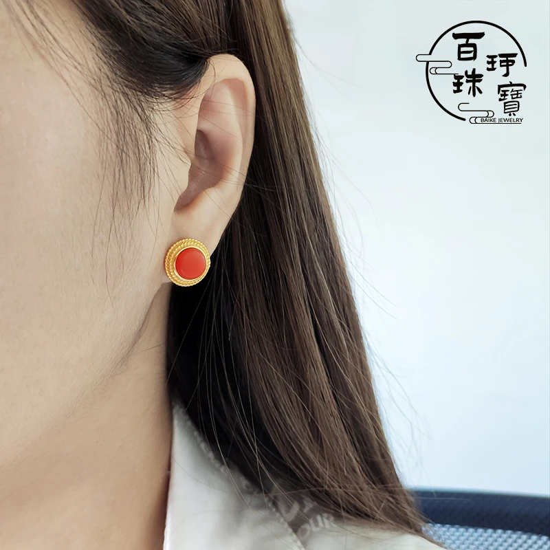 【百珂】正品保真高品质南红保山料耳钉麻花边圆形哑光耳坠时尚耳饰