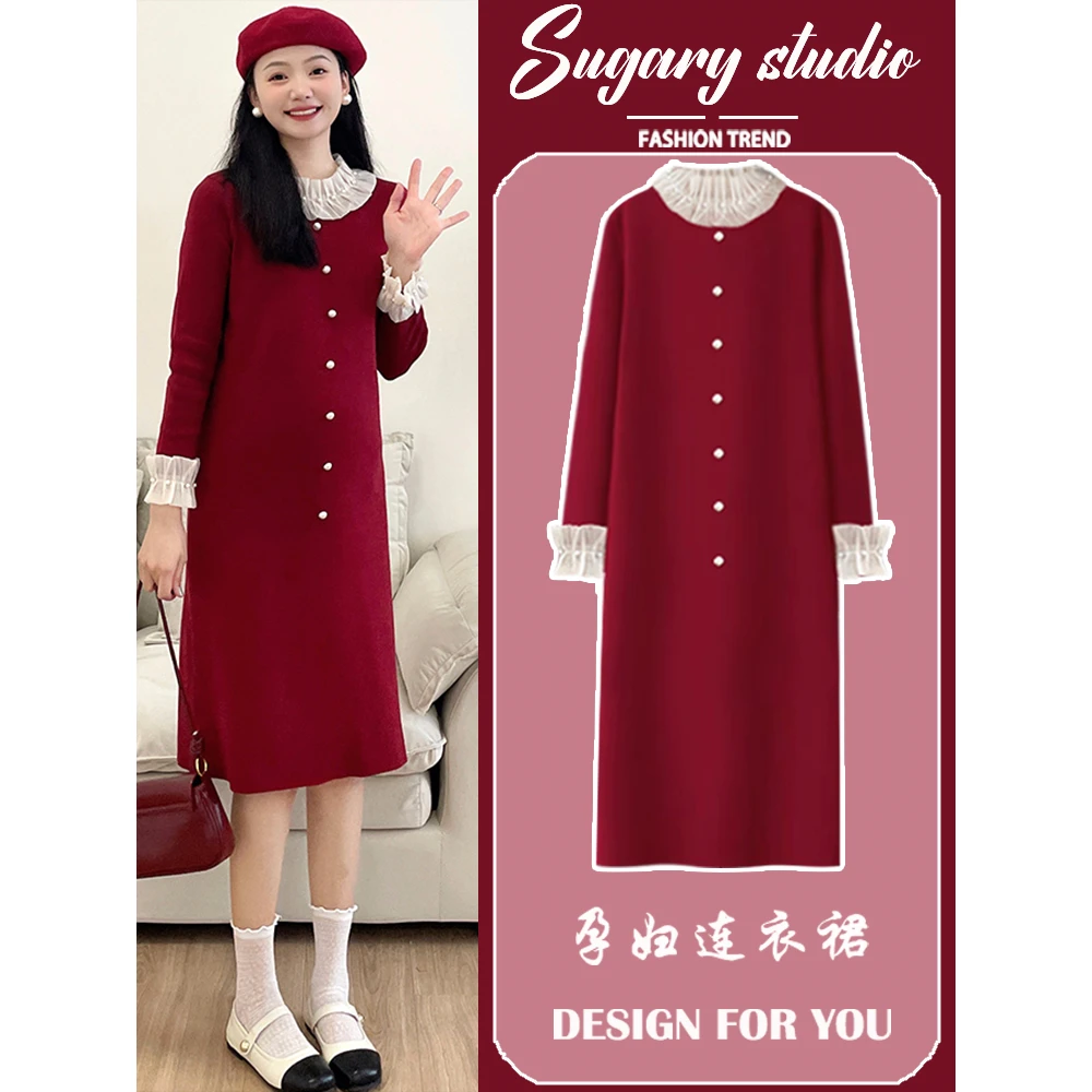 孕妇连衣裙子秋冬季针织红色显瘦气质网红洋气时尚宽松中长款加厚
