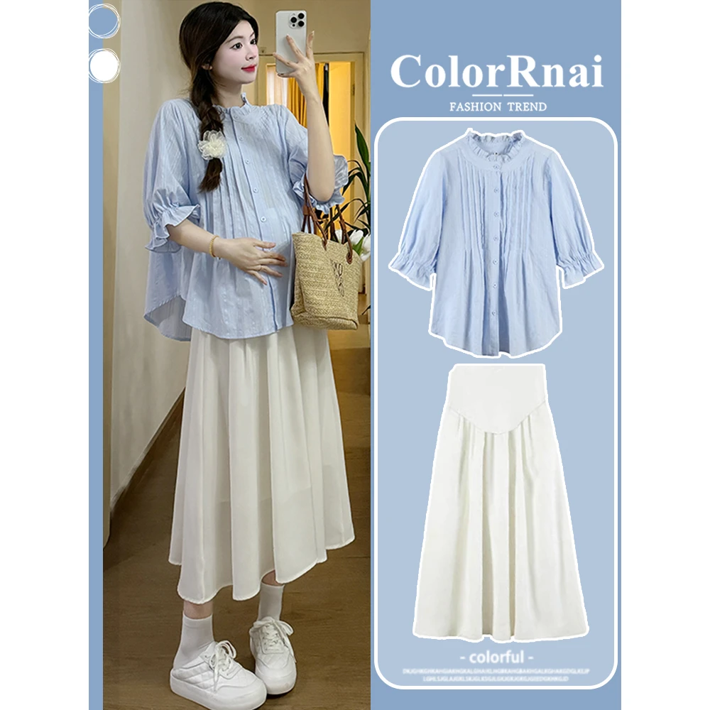 孕妇套装裙时尚两件套显瘦网红高腰春夏宽松中长款百褶ol白色洋气