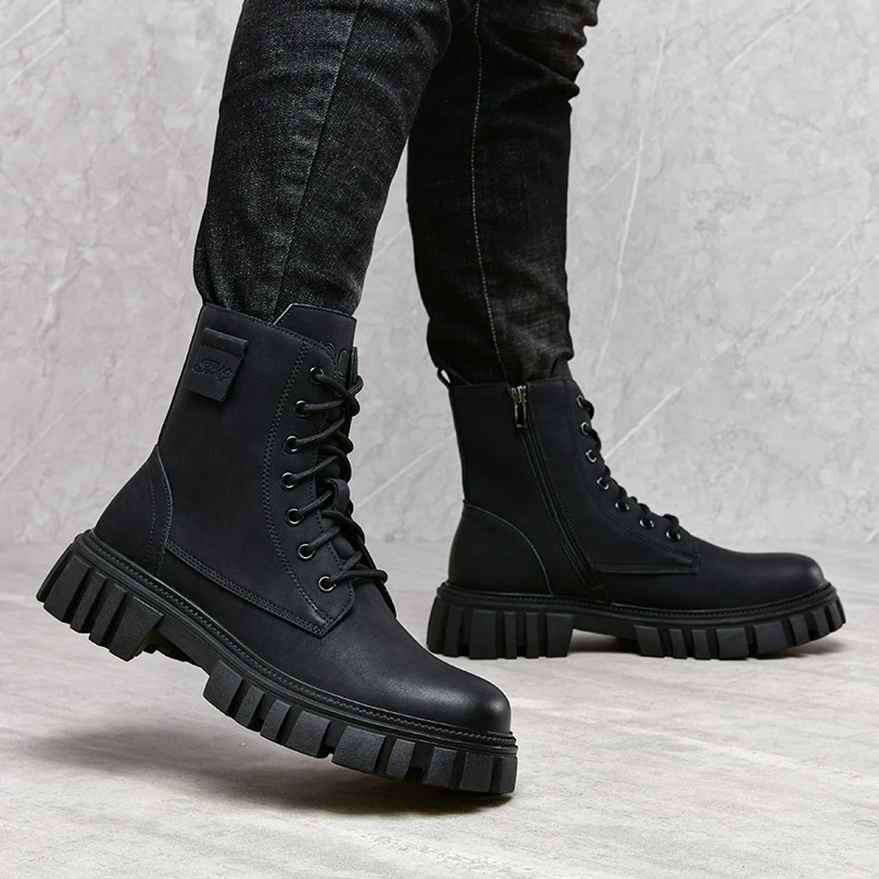 秋冬新款马丁靴高帮时尚百搭厚底英伦风皮靴时尚靴潮流中筒靴男士