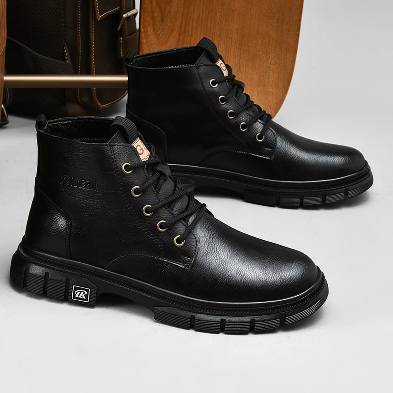 马丁靴男士秋季新款时尚机车男高级感中帮靴软底真皮男靴85298
