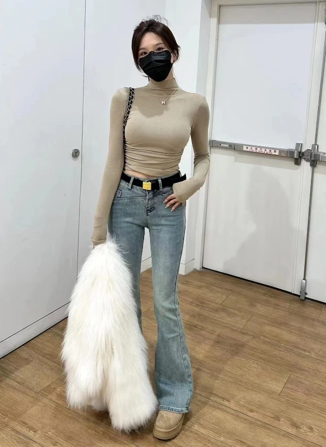 高腰显瘦抓绒牛仔裤