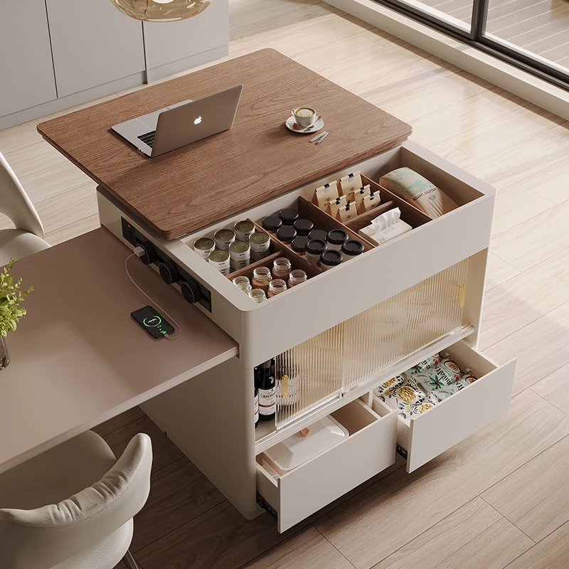 岛台餐桌一体家用岩板倒台现代复古餐桌中导台奶油风可伸缩加吧台