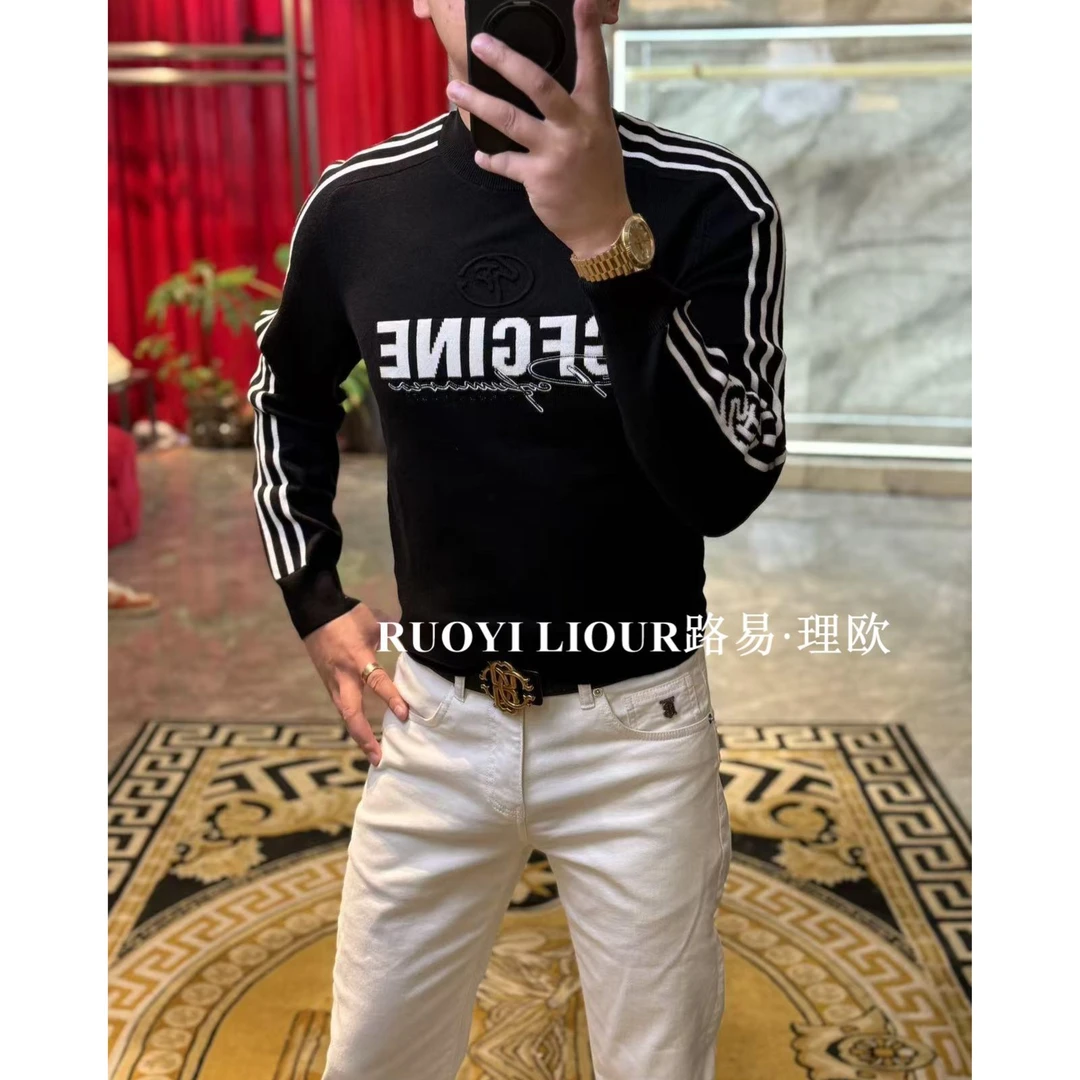 【路易理欧】欧货潮流轻奢时尚字母印花条纹休闲男士针织衫00999