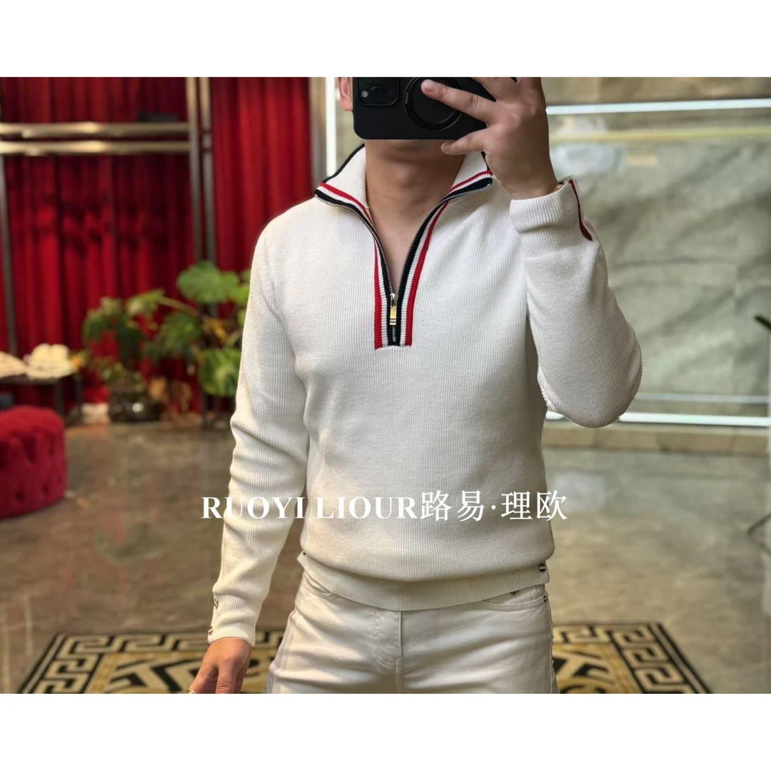 【路易理欧】欧货潮流轻奢纯色半拉链条纹百搭商务休闲针织衫00922