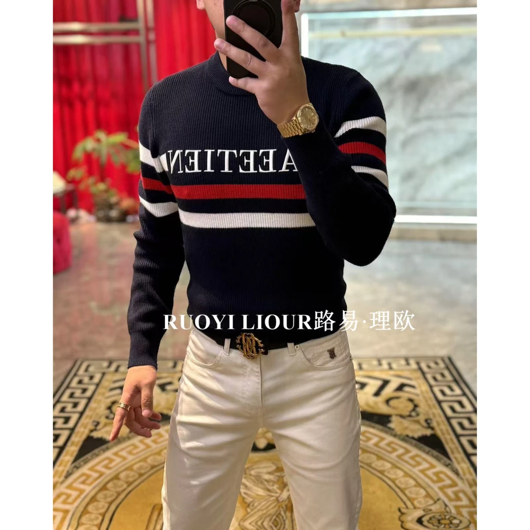【路易理欧】潮流男欧货时尚休闲字母双色条纹秋冬百搭毛衣01022