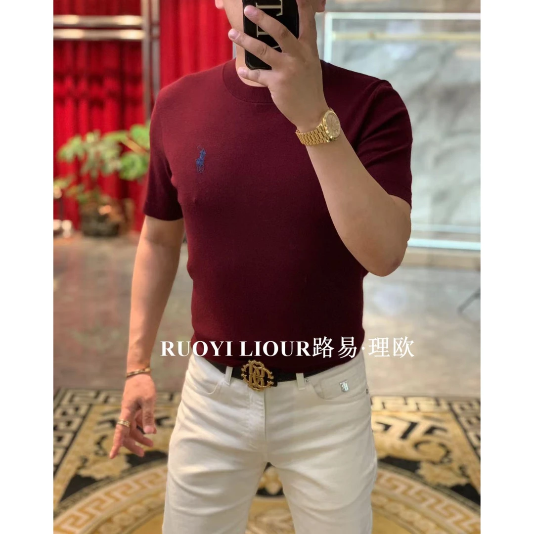 【路易理欧】2024欧货时尚潮流轻奢刺绣纯色胸标秋季圆领T恤10638