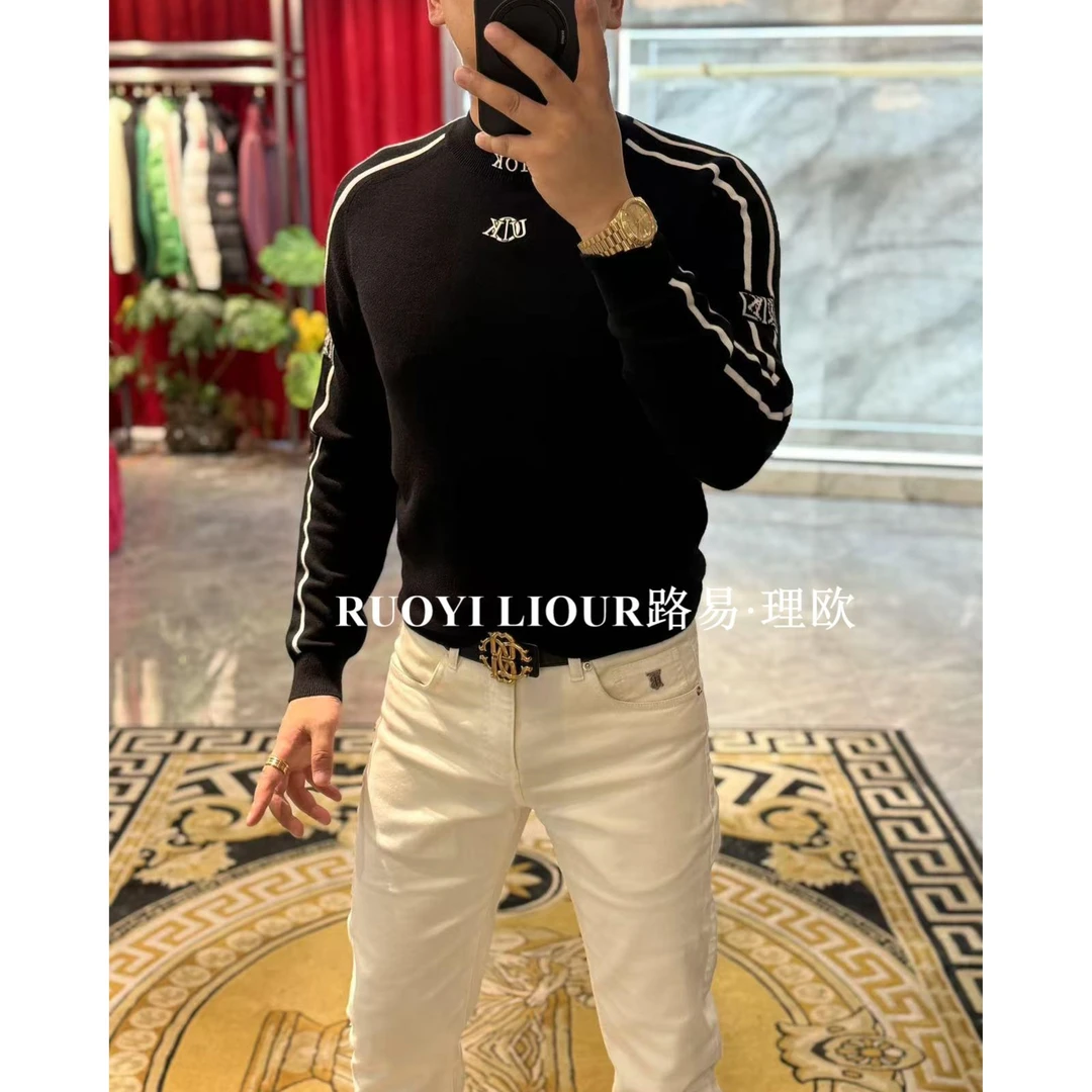 【路易理欧】潮流男欧货时尚高品质行政秋潮字母条纹针织毛衣00828