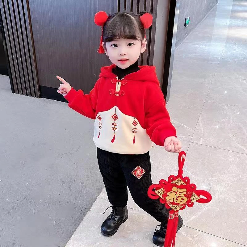 拜年服女童套装女宝一周岁礼服中国风加绒保暖过年宝宝喜庆拜年服