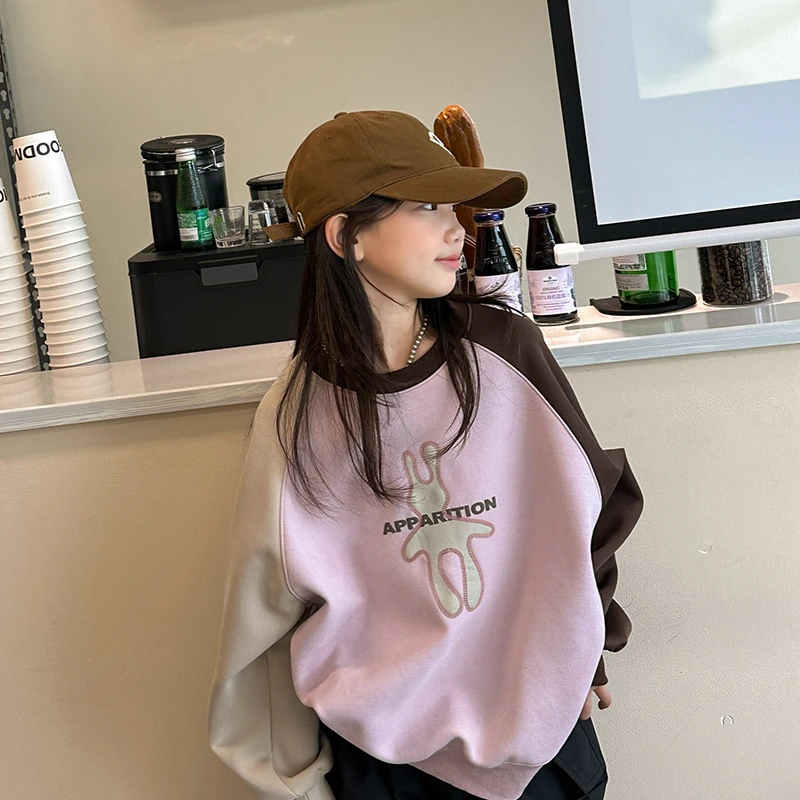 女童卫衣秋冬2023新款中大童宽松圆领卡通儿童休闲长袖上衣冬加绒