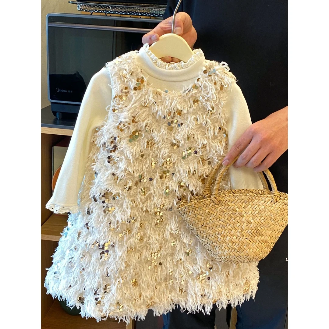 2023冬季女童亮片流苏背心连衣裙女童加绒公主裙生日新年