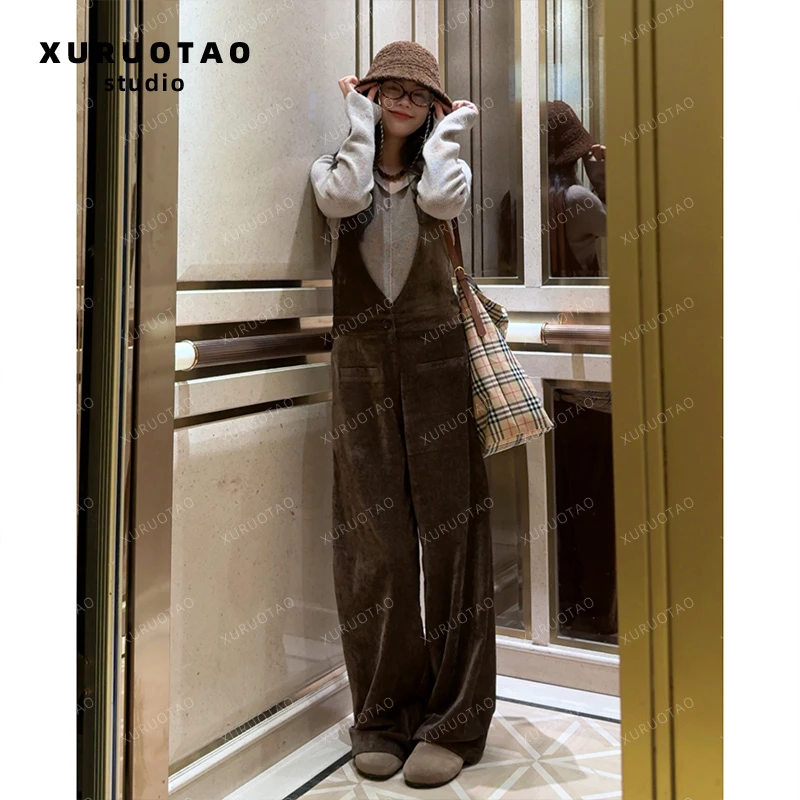 XURUOTAO 【棕巧可可】复古感时尚百搭背带裤 T6080