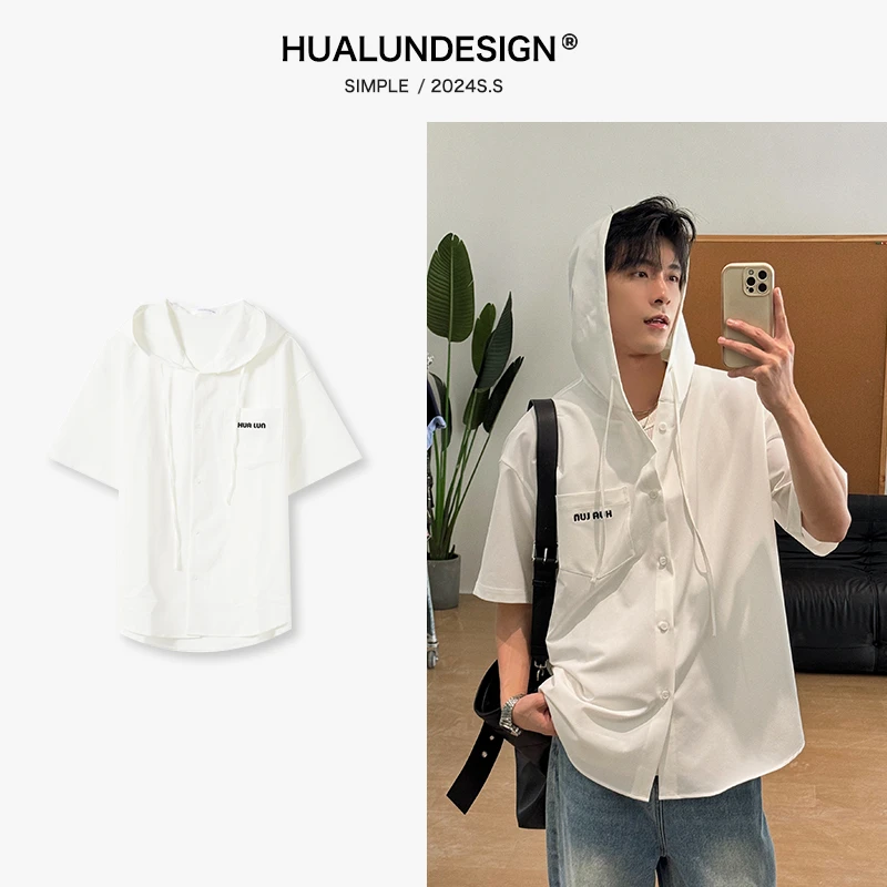 HUALUN Design【夏季的MIU风】夏季百搭休闲连帽衬衫短袖衬衣24841