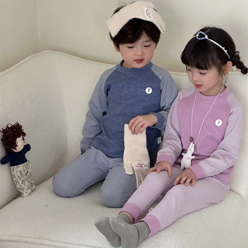 儿童保暖内衣套装条纹撞色插肩男女童秋衣秋裤中大童睡衣家居服