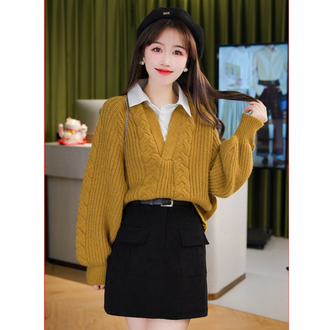 韩版时尚气质潮流休闲圆领假两件衬衫套头设计毛衣女