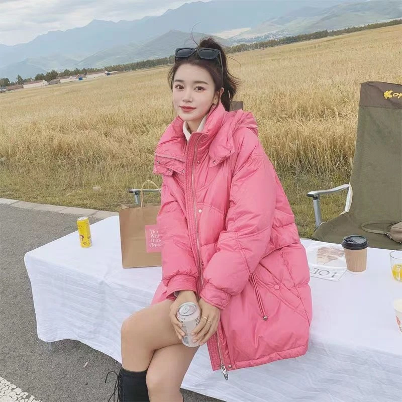 鸭鸭新款服女2022长款宽松面包服加厚连帽冬季甜美圆弧外套女潮
